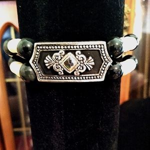 Handmade Obsidian and Faux Pearl Bracelet